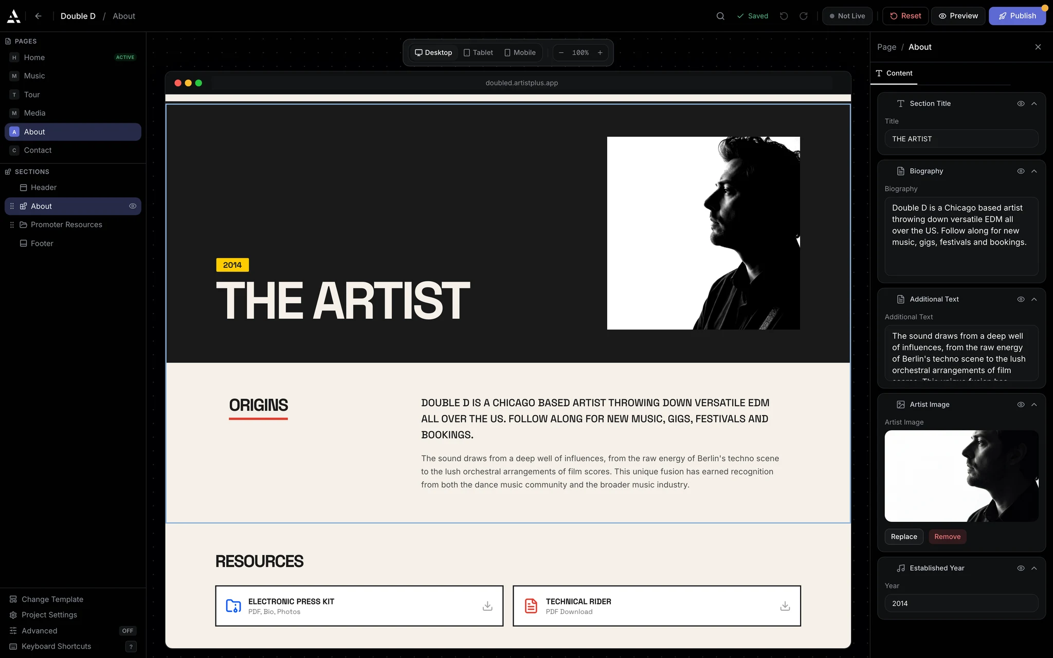 The website editor on an About page: six site pages listed on the left, the page live on the canvas, and its biography open in the edit panel.