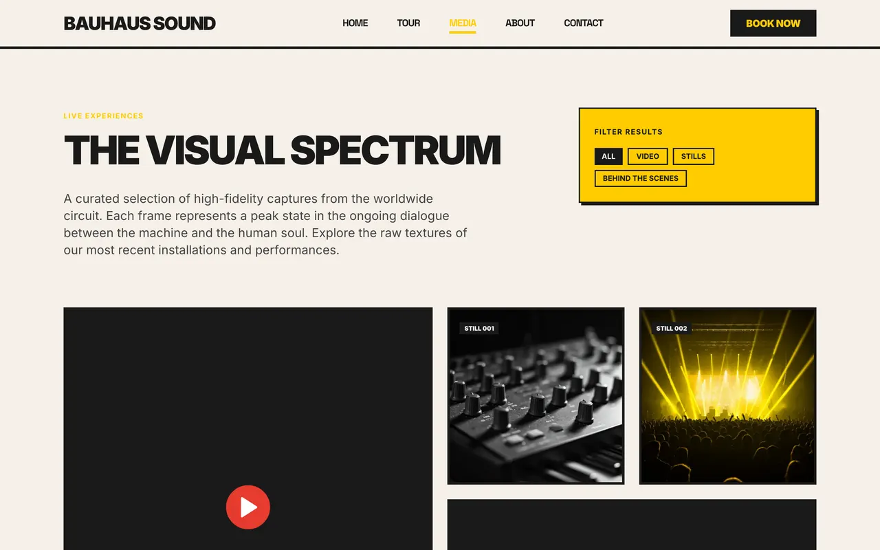 A published artist site's music page: release artwork in a grid, each one linking to its own release page.