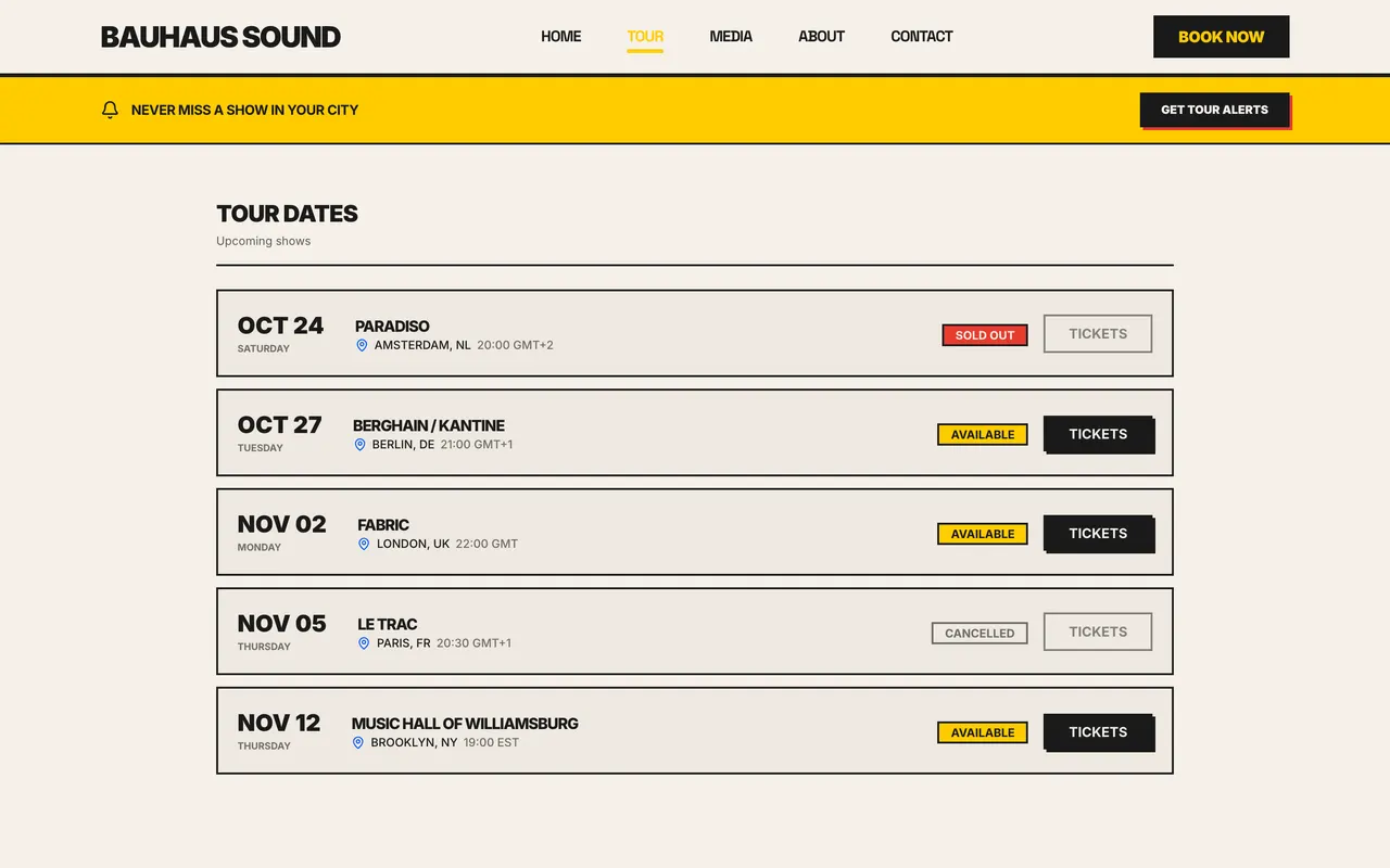A published artist site's tour page listing shows by date and venue with available, sold out and canceled states.